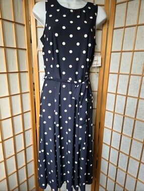 NWT ANNE KLEIN BLUE/WHITE POLKA DOT STRETCH SLEEVELESS FIT & FLARE DRESS SIZE 6